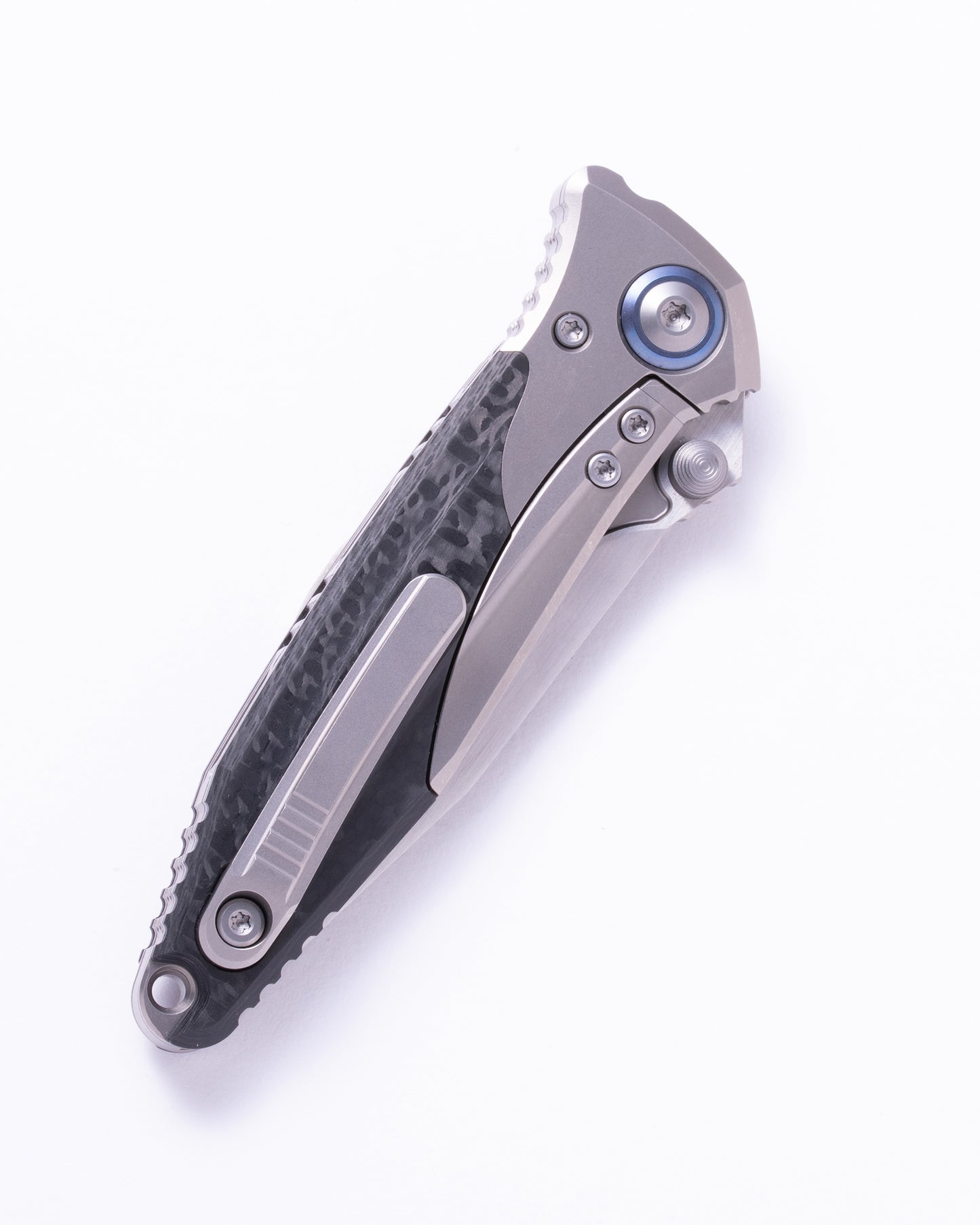 Socom Bravo™ Mini Spear Point Titanium Handle Hand Rubbed Satin Standard Blue Titanium Pivot Collar Carbon Fiber Scales (262M-4CFTI)